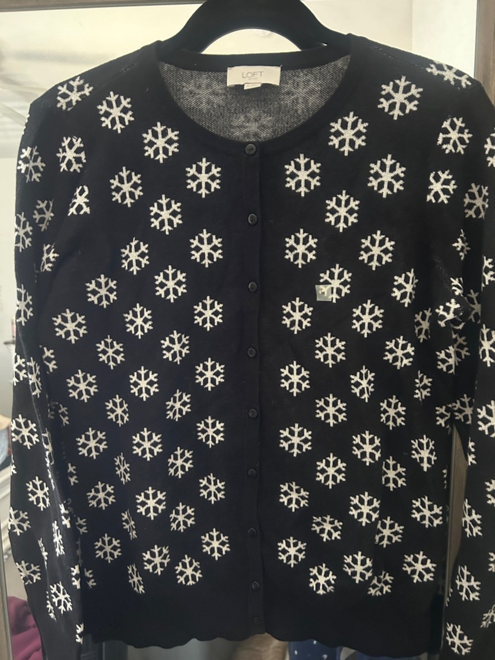LOFT Black and White Snowflake Cardigan